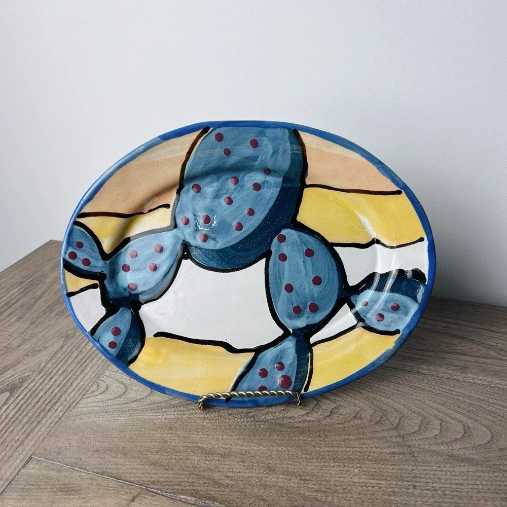 Stephen Kilborn Pottery CACTUS DOTS Large Oval Platter Tray ~10